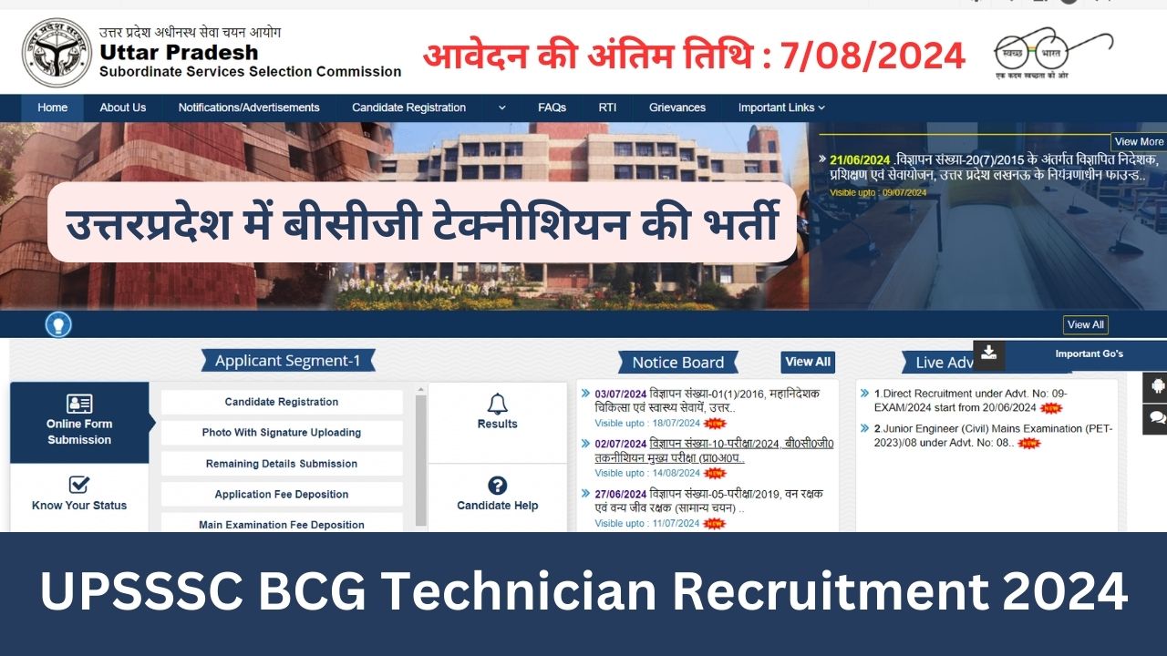 UPSSSC BCG Technician Recruitment 2024 : उत्तरप्रदेश में बीसीजी टेक्नीशियन की भर्ती